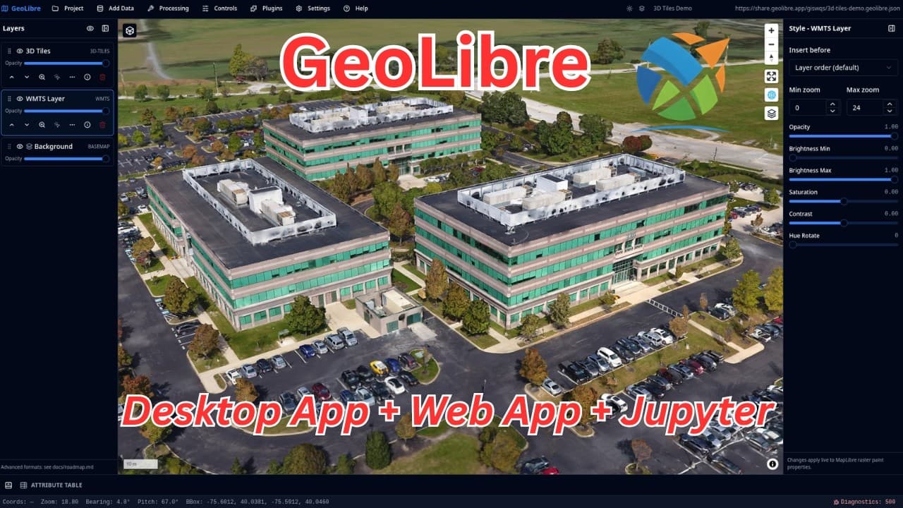 GeoLibre ინტერფეისის ვიზუალი რუკებითა და ანალიტიკური პანელებით