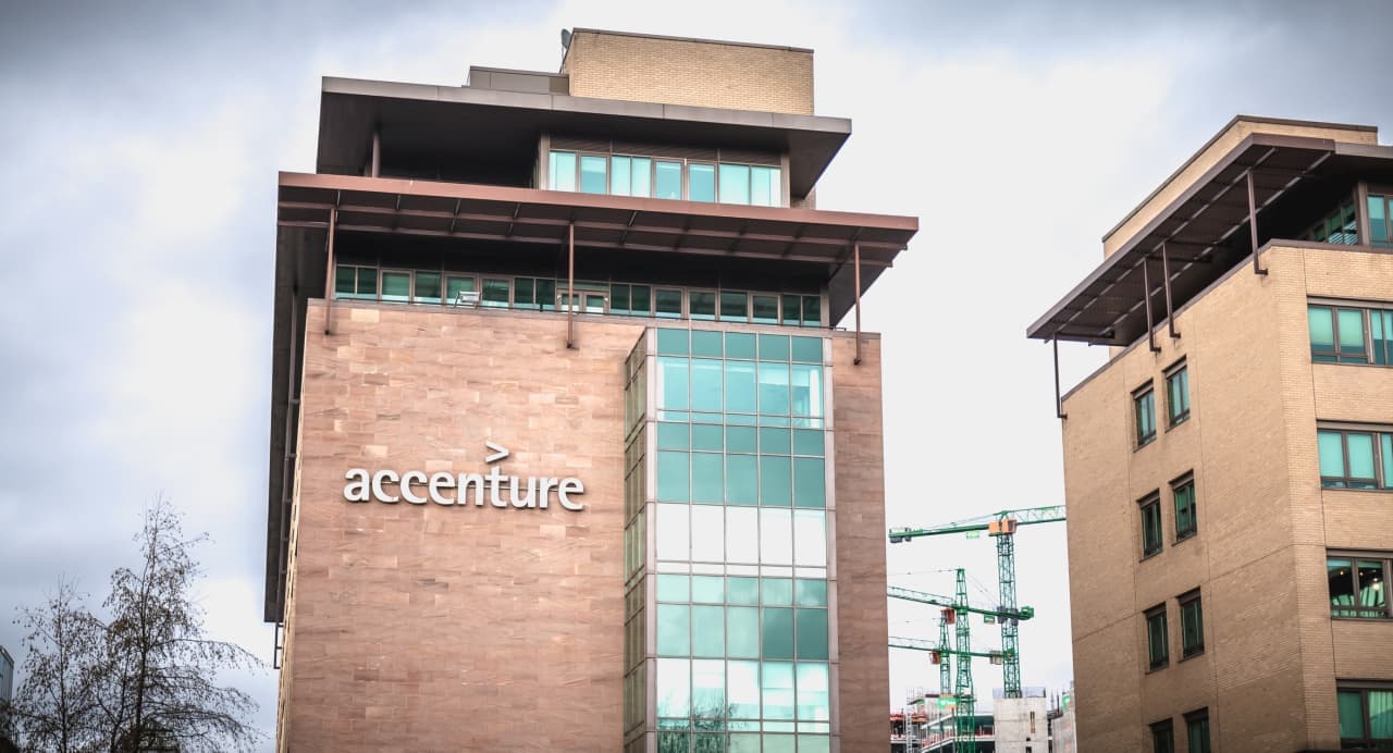 Accenture-ის ოფისის ფასადი და საფონდო ბაზრის გრაფიკები