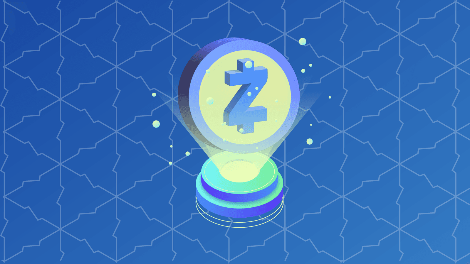 Zcash კრიპტოვალუტის სიმბოლო და ციფრული ტექნოლოგიების ფონი