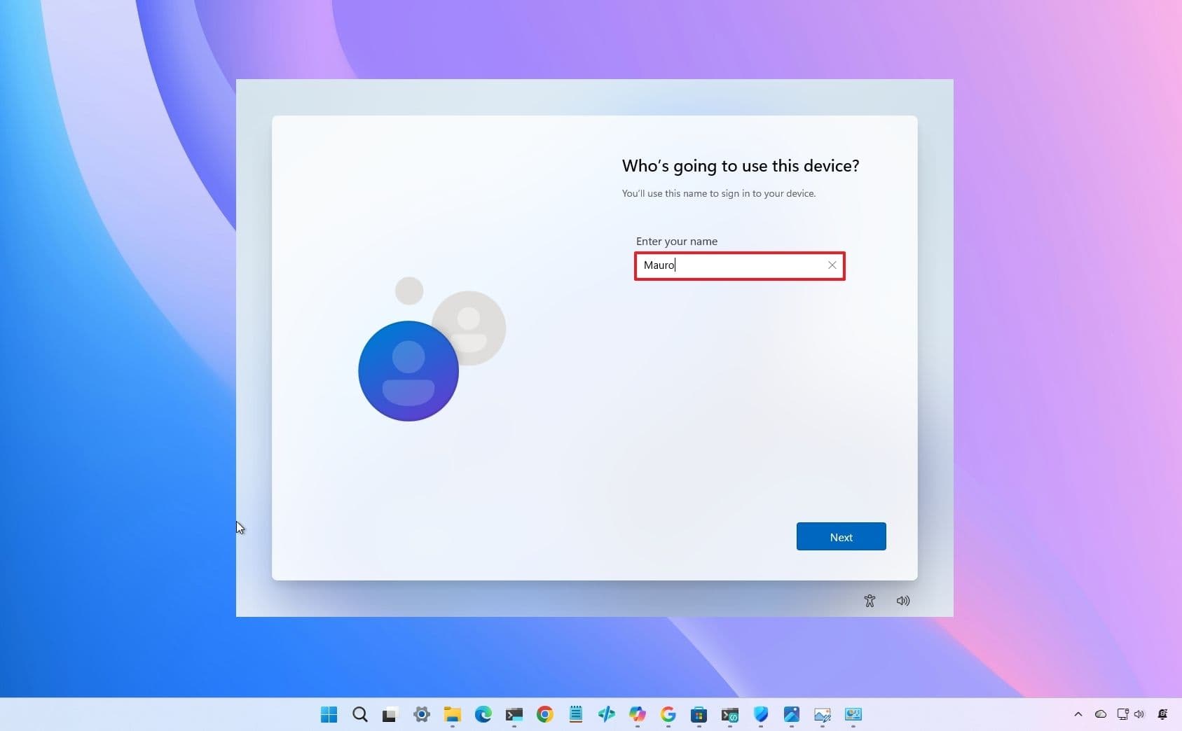 Windows 11-ის მომხმარებლის ინტერფეისი და ანგარიშის ავტორიზაციის ფანჯარა