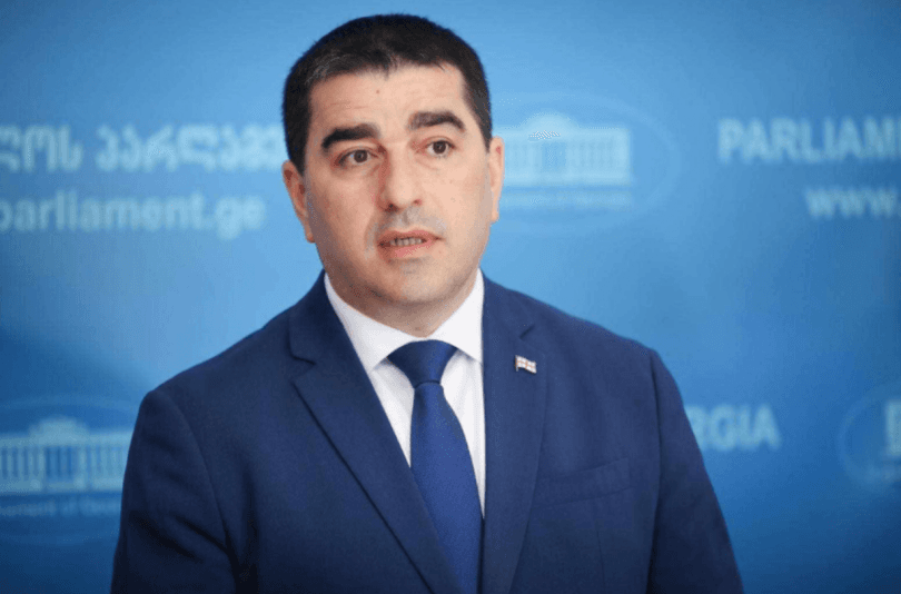 შალვა პაპუაშვილი პარლამენტის ტრიბუნასთან ბრიფინგის დროს