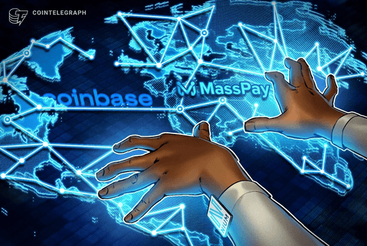 MassPay და Coinbase-ის ლოგოები ციფრული გადახდების ფონზე