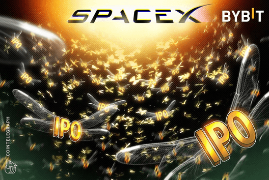 Bybit-ის და SpaceX-ის ლოგოები ტოკენიზებული აქციების ფონზე