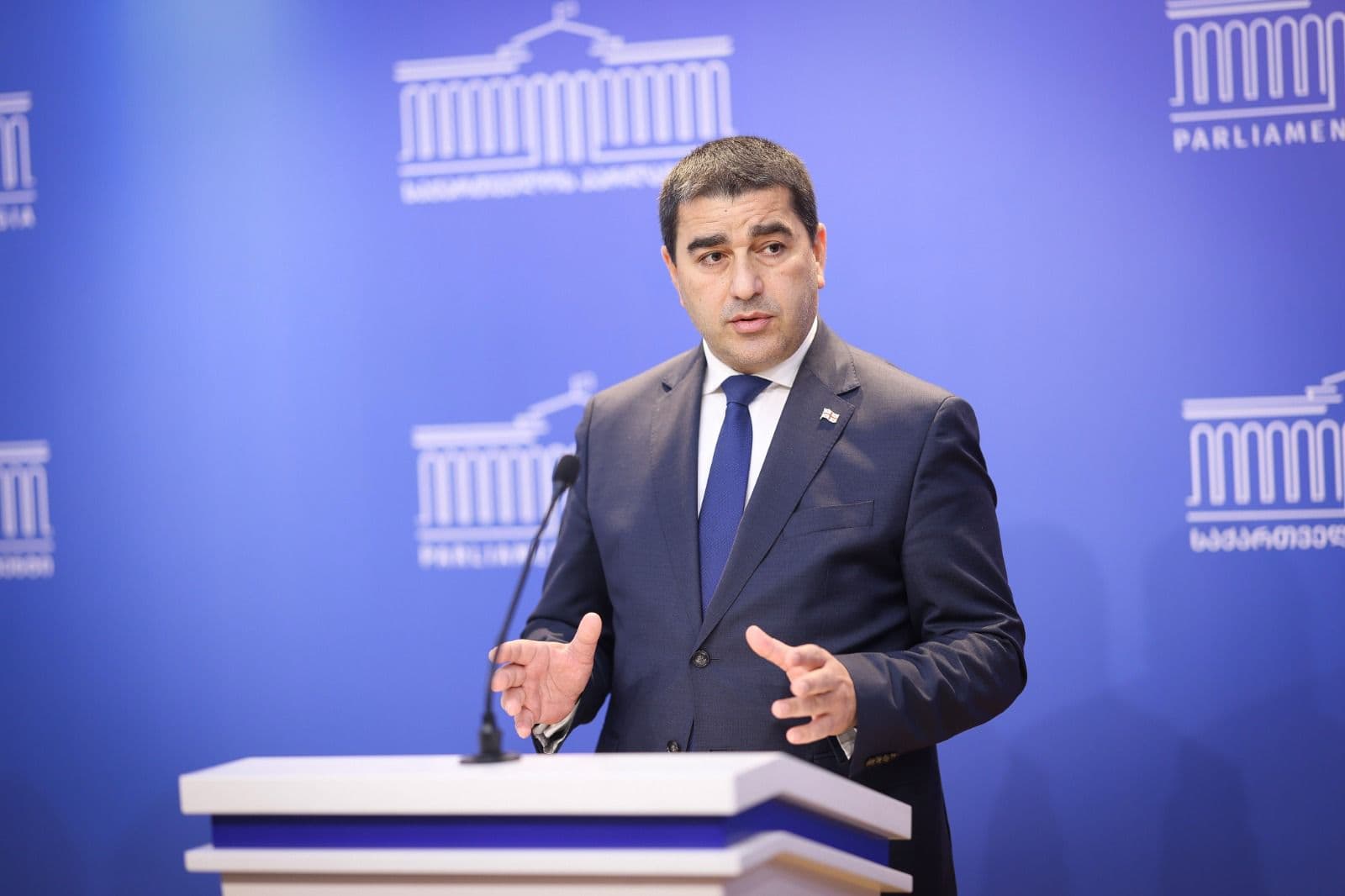 შალვა პაპუაშვილი ბრიფინგზე პარლამენტის აკრედიტაციის წესების შესახებ საუბრობს