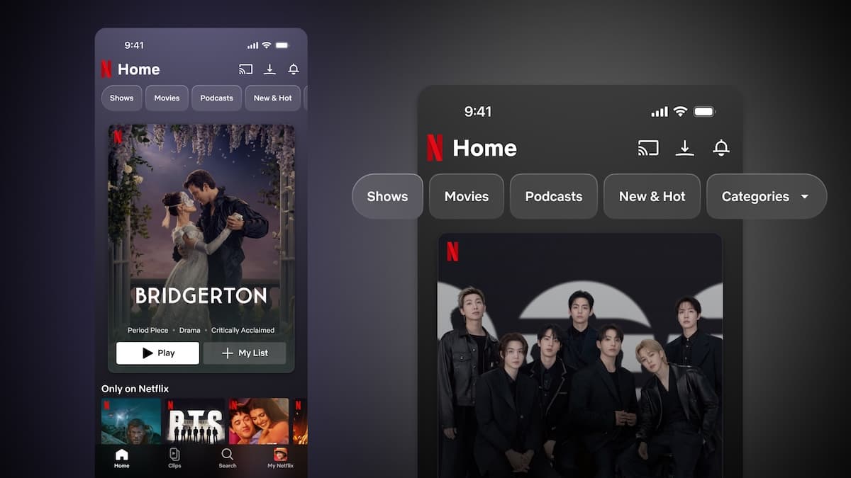 Netflix-ის მობილური აპლიკაციის ინტერფეისი სმარტფონის ეკრანზე