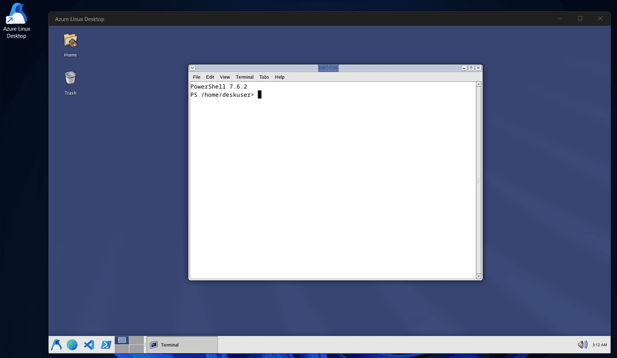 Azure Linux 4.0 დესკტოპი გაშვებული Windows-ის ფანჯარაში